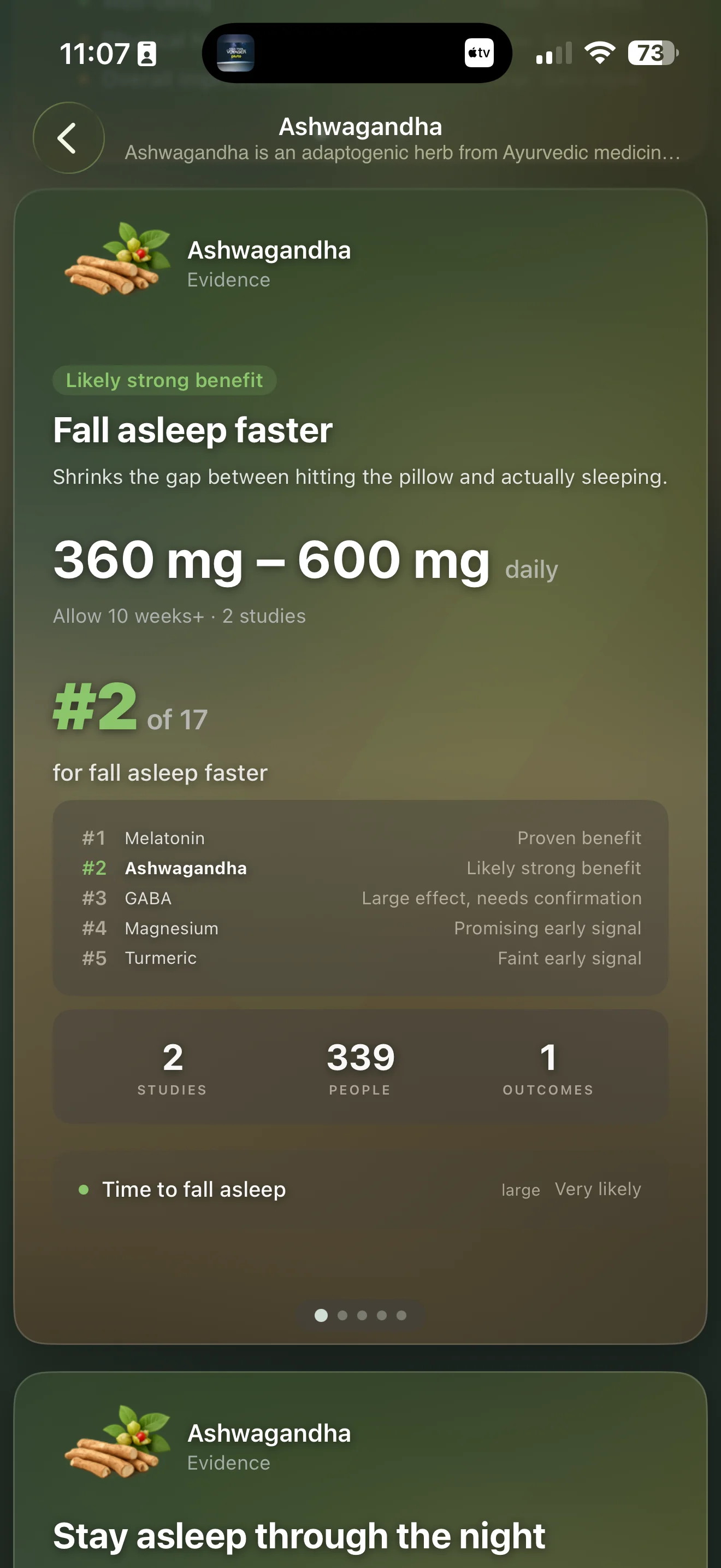 Per-outcome evidence detail with dosing