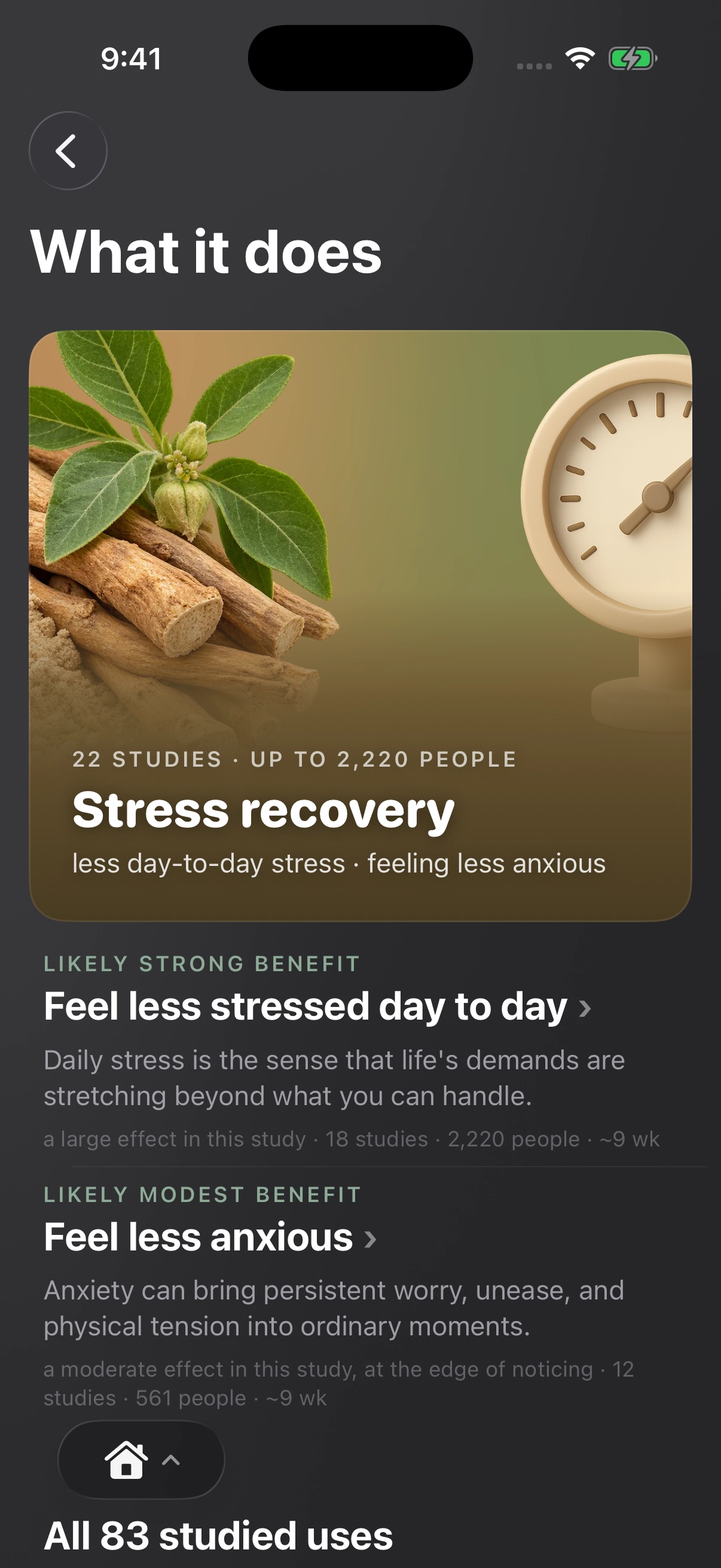Suplmnt showing specific studied stress outcomes and the evidence supporting each one