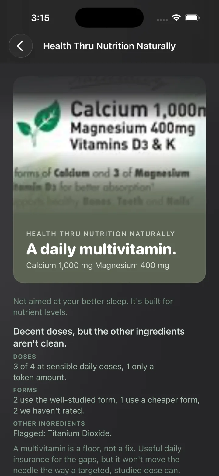 A formula breakdown flagging Titanium Dioxide as banned in the EU for ingestion