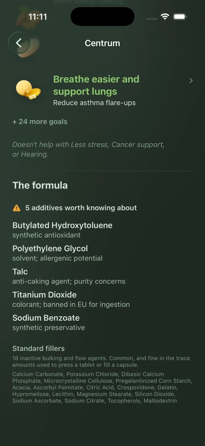 A formula breakdown flagging Titanium Dioxide as banned in the EU for ingestion