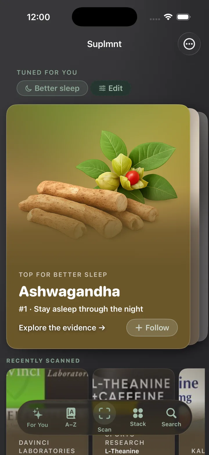 Suplmnt home feed: Ashwagandha shown as the #1 pick for better sleep, with the evidence behind it