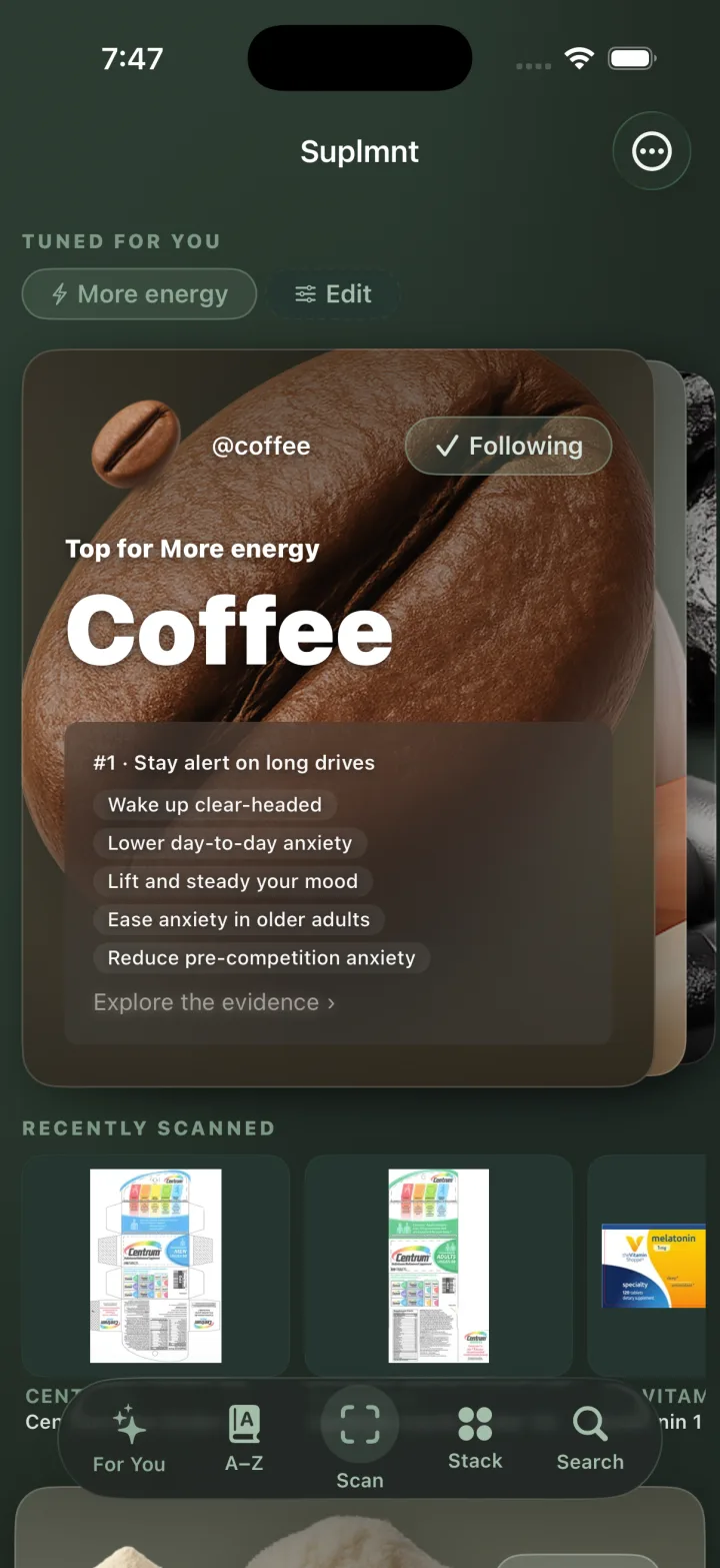 Suplmnt home feed: Coffee shown as the top pick for more energy, with the evidence behind it