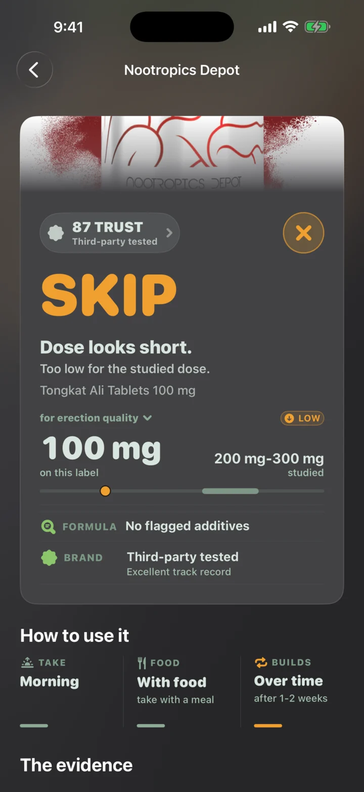 A Tongkat Ali profile showing the dose verdict and a timing rail for take, food, and builds over time