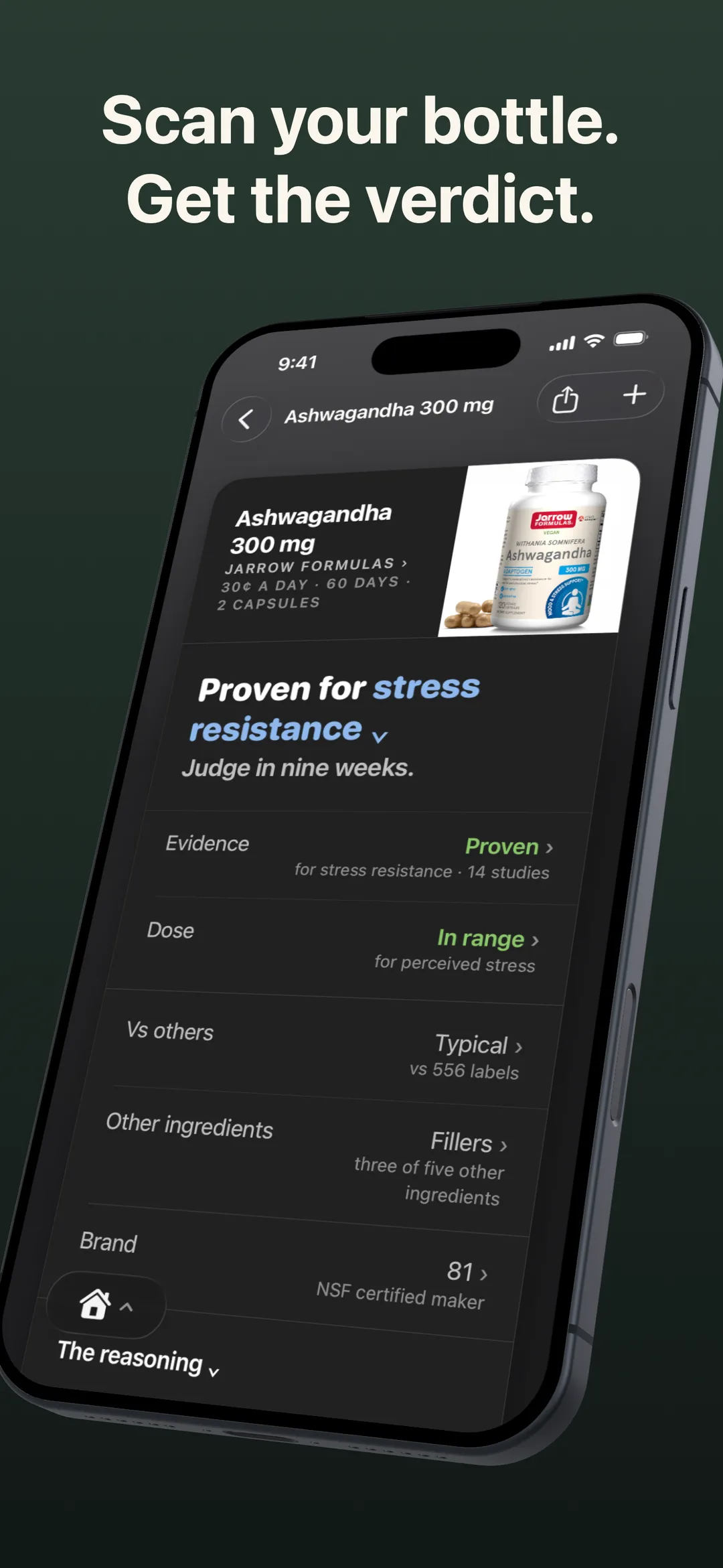 Suplmnt app screen headed Scan your bottle. Get the verdict, showing a bottle’s evidence, dose and brand certification