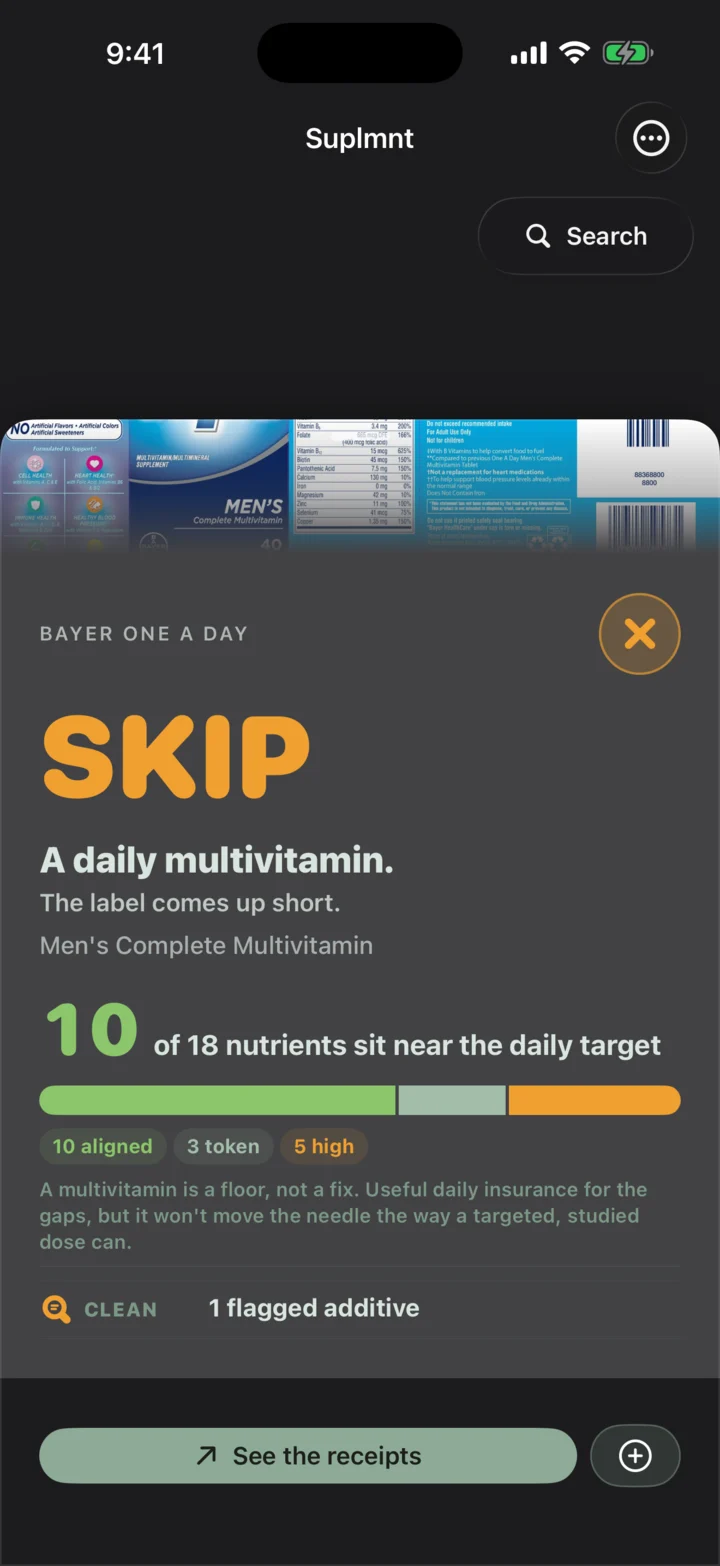 A scan verdict for a multivitamin showing SKIP because the label comes up short