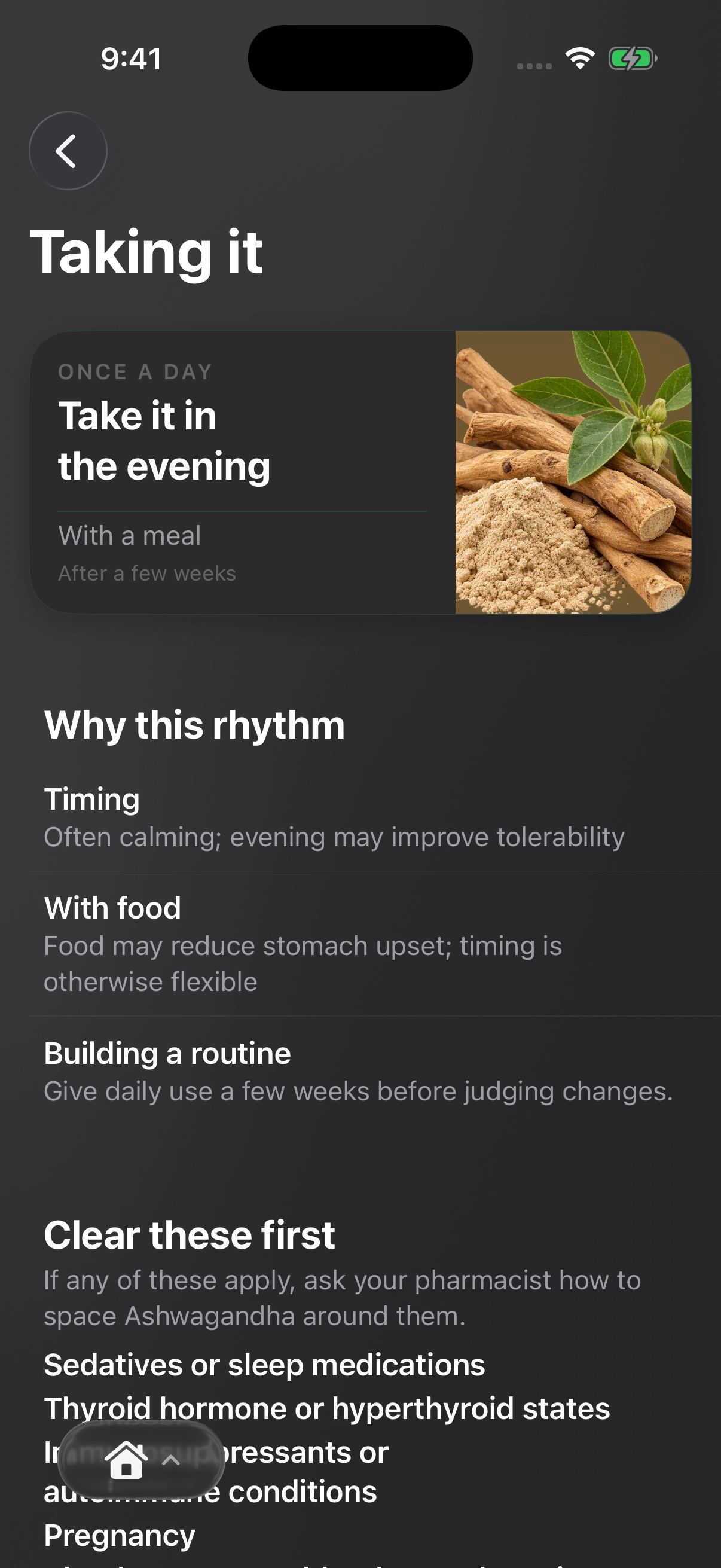 Suplmnt explaining an ashwagandha routine with evening timing, food guidance and supporting reasons