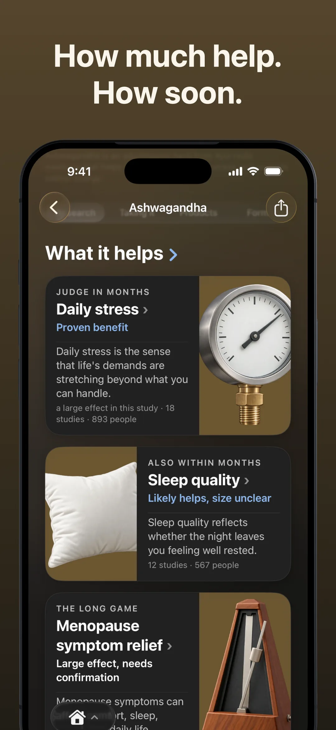 Suplmnt app screen headed How much help. How soon, ranking each use of ashwagandha by evidence, study count and people studied